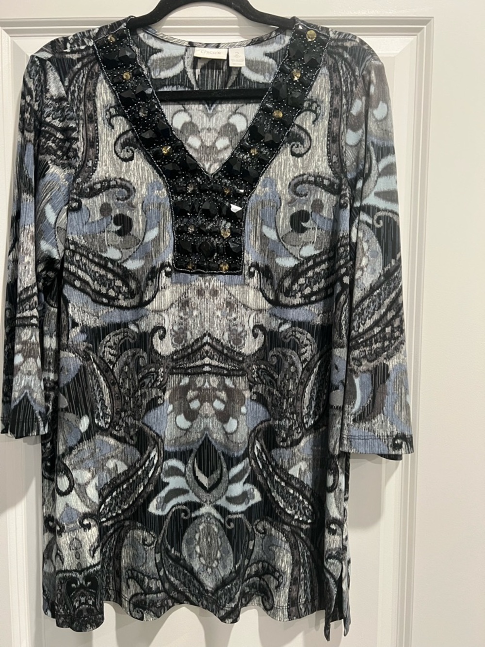 Chico's Black and Light Gray Abstract Paisley Tunic